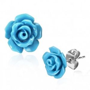 Ocelové puzetové náušnice, lesklé modré kvítky růže AC14.21