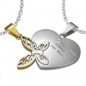 Ocelový dvojpřívěsek, stříbrná a zlatá barva, srdce s nápisem, motýlek s výřezy Z5.17