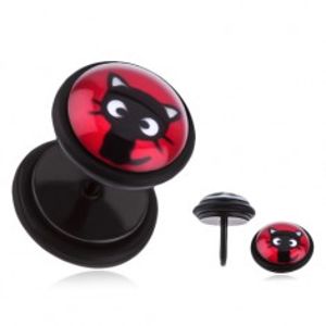 Ocelový fake plug do ucha - sedící černé koťátko, červený podklad PC28.09