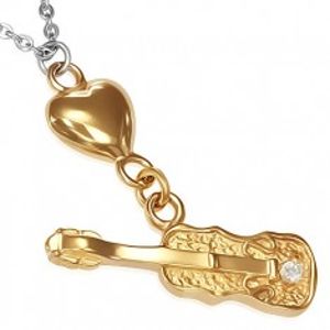 Ocelový náhrdelník - řetízek, zlaté srdce a kytara se zirkonem AA34.03
