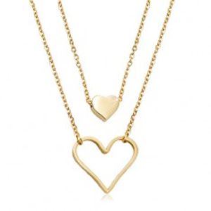 Ocelový náhrdelník zlaté barvy, malé plné srdíčko, velký obrys srdce, dva řetízky R01.11
