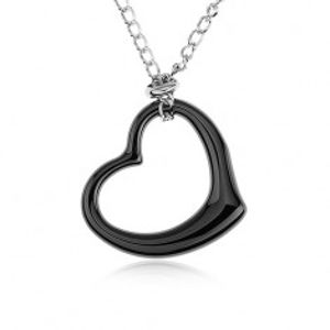 Ocelový náhrdelník, černá keramická kontura srdce, řetízek stříbrné barvy SP44.28