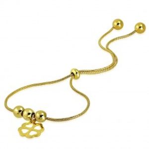 Ocelový náramek zlaté barvy - čtyřlístek pro štěstí, kuličky, vzor hadí kůže S33.19
