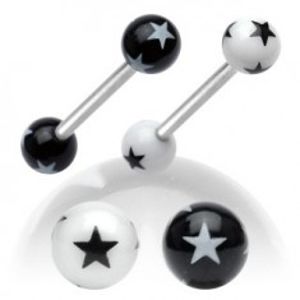 Ocelový piercing do jazyka, černobílé akrylové kuličky s hvězdičkami SP13.30/31