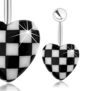Ocelový piercing do pupíku, vypouklé akrylové srdce, vzor šachovnice