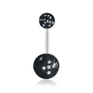 Ocelový piercing do pupíku, černá hrací kostka v čiré kuličce, glazura SP30.29