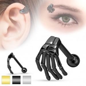 Ocelový piercing do ucha nebo obočí, kostra ruky, různé barvy AC19.04