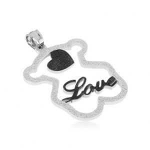 Ocelový přívěsek - třpytivá silueta medvídka, černé srdíčko, nápis "Love" SP41.06