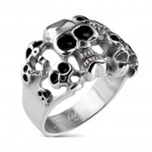 Prsten stříbrné barvy z oceli 316L - deset lebek s černou glazurou D8.10