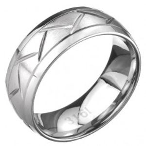 Ocelový prsten - dvě linie a cik-cak vzor, stříbrný povrch C26.9
