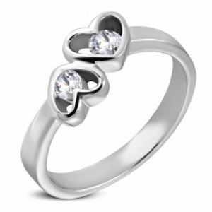 Ocelový prsten stříbrné barvy, dvě srdce s čirými zirkony D3.13