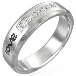 Ocelový prsten - nápis "love", šest zirkonů K12.12
