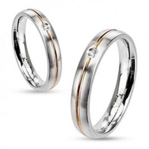 Ocelový prsten - stříbrný, zlatá středová rýha a zirkon E1.2