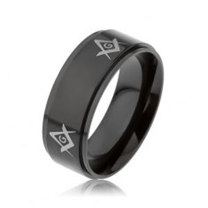 Ocelový prsten černé barvy, symboly svobodných zednářů na vyvýšeném pásu SP63.27
