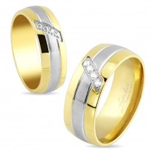 Ocelový prsten, pásky zlaté a stříbrné barvy, šikmá linie čirých zirkonů, 6 mm S81.10