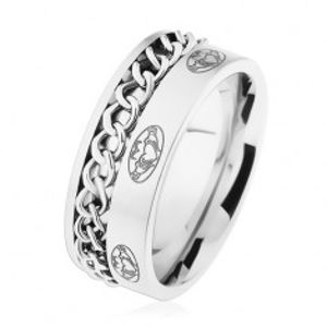 Ocelový prsten, řetízek, stříbrná barva, matný povrch, ornamenty HH10.17