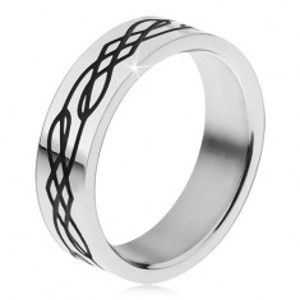 Ocelový prsten, rovný povrch, černá zvlněná linie a kosočtverce BB18.11
