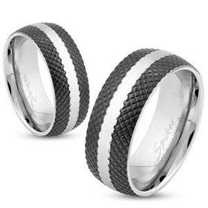 Ocelový prsten s černým mřížkovaným povrchem, lesklý pás stříbrné barvy, 8 mm - Velikost: 59