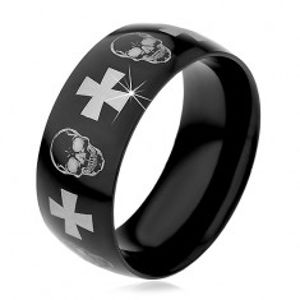 Ocelový prsten s černým povrchem, lebky a kříže stříbrné barvy, 9 mm H6.17