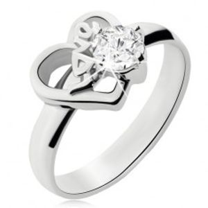Ocelový prsten s čirým kamínkem, obrys nesouměrného srdce, Love L16.07