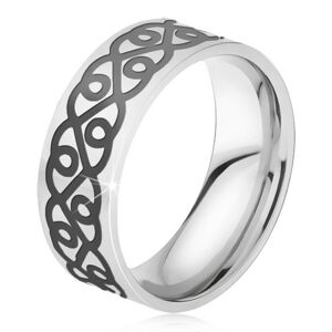 Ocelový prsten - stříbrná obroučka, tlustý černý ornament, srdce - Velikost: 62