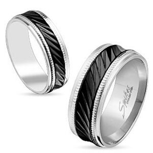 Ocelový prsten stříbrné barvy, černý pás se šikmými zářezy, vroubky, 6 mm - Velikost: 57