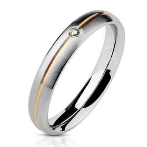 Ocelový prsten - stříbrný, zlatá středová rýha a zirkon - Velikost: 49