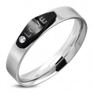 Ocelový prsten stříbrné barvy, černý ovál s nápisem LOVE a zirkonem K02.10