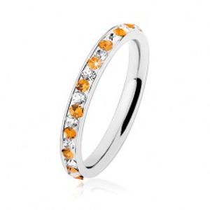 Ocelový prsten stříbrné barvy, čiré a oranžové zirkonky, bílá glazura HH17.11