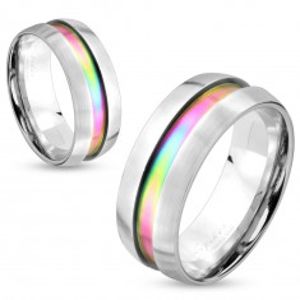 Ocelový prsten stříbrné barvy, duhový proužek, vyvýšené okraje, 8 mm HH16.4