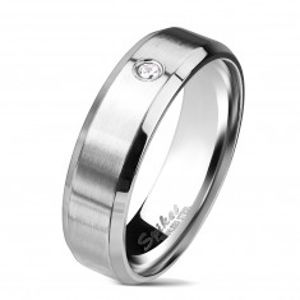 Ocelový prsten stříbrné barvy, matný pás s čirým zirkonem, 6 mm AB37.14
