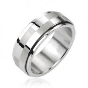 Ocelový prsten stříbrné barvy, otáčecí středový pás s motivem šachovnice SP63.14
