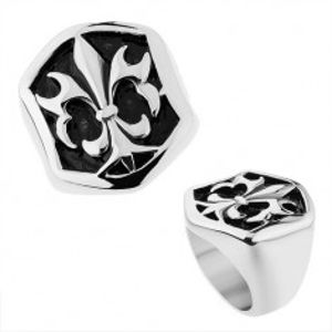 Ocelový prsten stříbrné barvy, šestihranná ozdoba s patinou a Fleur de Lis Z41.1/2
