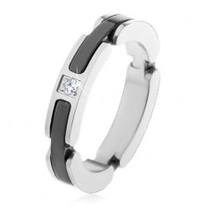Ocelový prsten stříbrné barvy, výřezy s keramickými pásy, čirý zirkon H1.6
