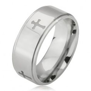Ocelový prsten stříbrné barvy, vyryté křížky a snížené okraje, 6 mm K08.16