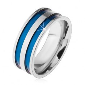 Ocelový prsten ve stříbrném odstínu, tenké vyhloubené pásy modré barvy, 8 mm M09.11