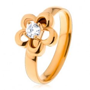 Ocelový prsten ve zlatém odstínu, kvítek, vyvýšený kulatý zirkon čiré barvy S26.24
