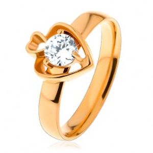 Ocelový prsten zlaté barvy, dva obrysy srdcí a kulatý čirý zirkon S20.28