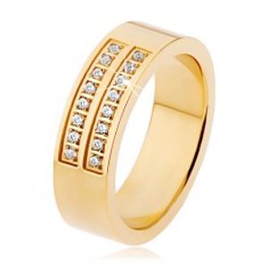 Ocelový prsten zlaté barvy, dvojitá linie čirých zirkonů S71.05