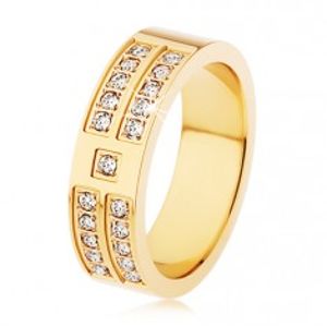 Ocelový prsten zlaté barvy, ozdobné linie a čtverečky čirých zirkonů SP11.30