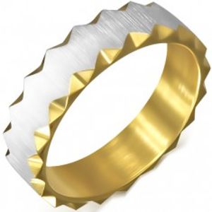 Ocelový prsten zlaté barvy se saténovým pásem, trojúhelníkové výřezy BB4.6