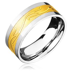 Ocelový prsten - zlato-stříbrný se zvlněným ornamentem - Velikost: 70
