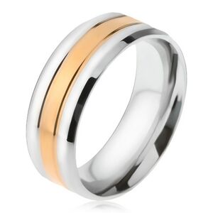 Ocelový prsten, zlatý a dva stříbrné pásy, zešikmené okraje - Velikost: 57