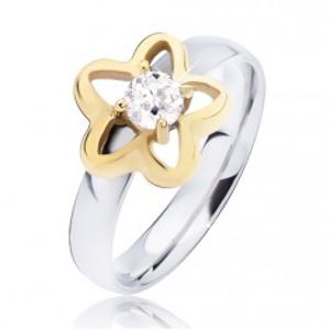 Ocelový prsten, zlatý obrys květu s čirým kulatým zirkonem L13.07