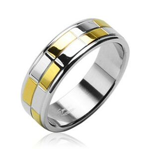 Ocelový snubní prsten se zlatými a stříbrnými lesklými obdélníky - Velikost: 60