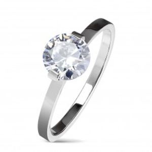 Ocelový zásnubní prsten stříbrné barvy, kulatý čirý zirkon, lesklá ramena K08.03