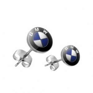 Kulaté ocelové náušnice - tmavomodré logo automobilové značky