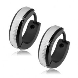 Kruhové ocelové náušnice černé barvy, saténový pás stříbrné barvy S56.03