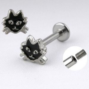 Ocelový labret stříbrné barvy - kočka s černou glazurou C9.8