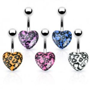 Piercing do pupíku z oceli - barevné srdce s leopardím vzorem N17.35